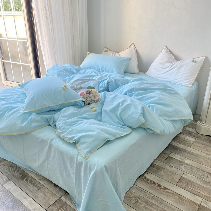 91家纺网 家纺一手货源 找家纺 玛奇朵2021新款全棉色织水洗棉贝壳边四件套妮可系列妮可-蓝