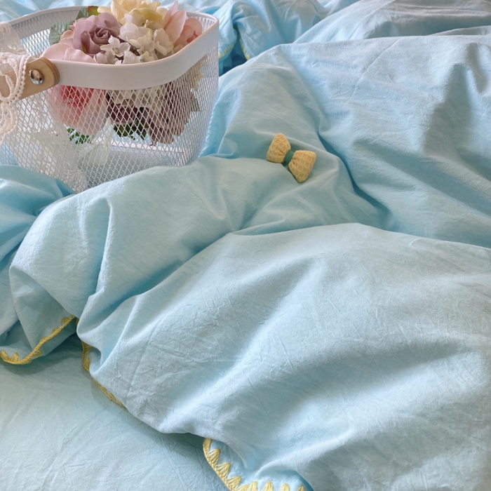 91家纺网 家纺一手货源 找家纺 玛奇朵2021新款全棉色织水洗棉贝壳边四件套妮可系列妮可-蓝