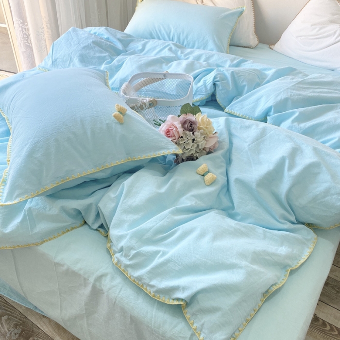 91家纺网 家纺一手货源 找家纺 玛奇朵2021新款全棉色织水洗棉贝壳边四件套妮可系列妮可-蓝