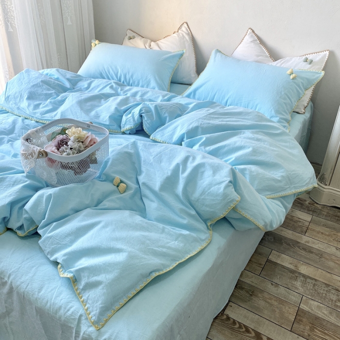 91家纺网 家纺一手货源 找家纺 玛奇朵2021新款全棉色织水洗棉贝壳边四件套妮可系列妮可-蓝