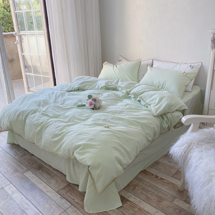 91家纺网 家纺一手货源 找家纺 玛奇朵2021新款全棉色织水洗棉贝壳边四件套妮可系列妮可-绿