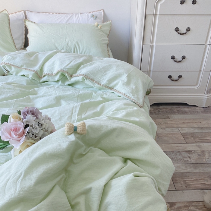 91家纺网 家纺一手货源 找家纺 玛奇朵2021新款全棉色织水洗棉贝壳边四件套妮可系列妮可-绿