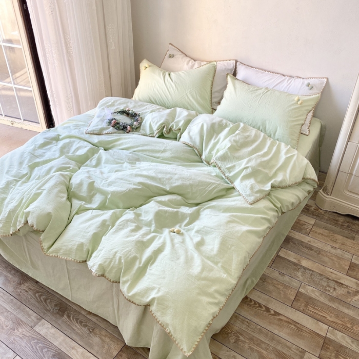 91家纺网 家纺一手货源 找家纺 玛奇朵2021新款全棉色织水洗棉贝壳边四件套妮可系列妮可-绿