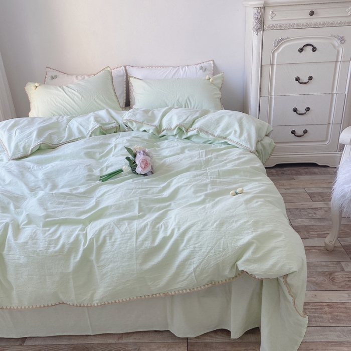 91家纺网 家纺一手货源 找家纺 玛奇朵2021新款全棉色织水洗棉贝壳边四件套妮可系列妮可-绿