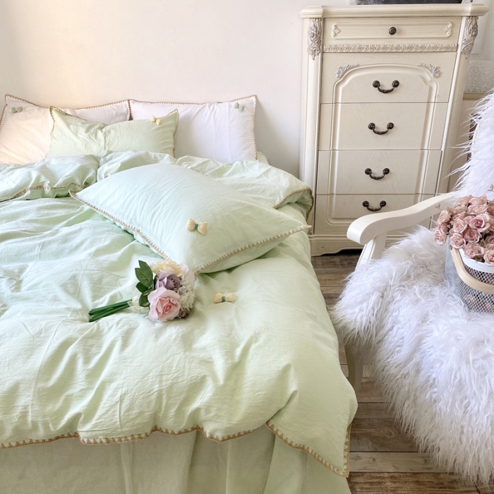 91家纺网 家纺一手货源 找家纺 玛奇朵2021新款全棉色织水洗棉贝壳边四件套妮可系列妮可-绿