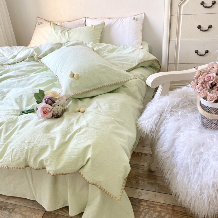 91家纺网 家纺一手货源 找家纺 玛奇朵2021新款全棉色织水洗棉贝壳边四件套妮可系列妮可-绿