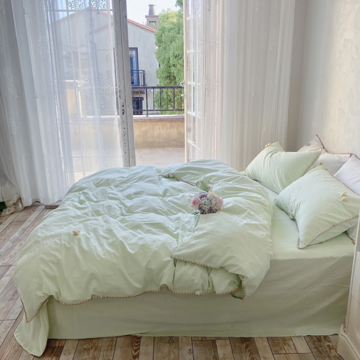 91家纺网 家纺一手货源 找家纺 玛奇朵2021新款全棉色织水洗棉贝壳边四件套妮可系列妮可-绿