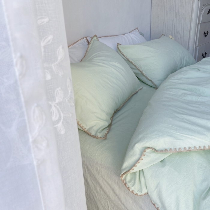 91家纺网 家纺一手货源 找家纺 玛奇朵2021新款全棉色织水洗棉贝壳边四件套妮可系列妮可-绿