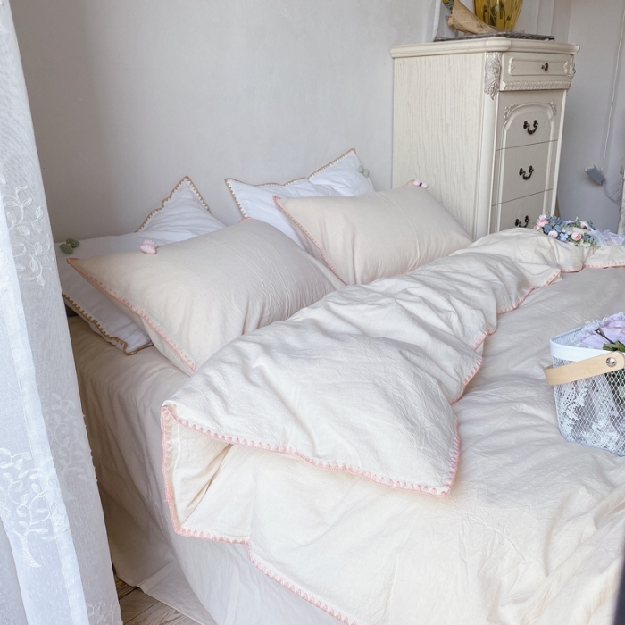 91家纺网 家纺一手货源 找家纺 玛奇朵21新款全棉色织水洗棉贝壳边四件套妮可系列妮可-米色