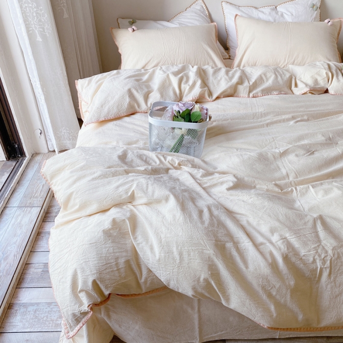 91家纺网 家纺一手货源 找家纺 玛奇朵21新款全棉色织水洗棉贝壳边四件套妮可系列妮可-米色