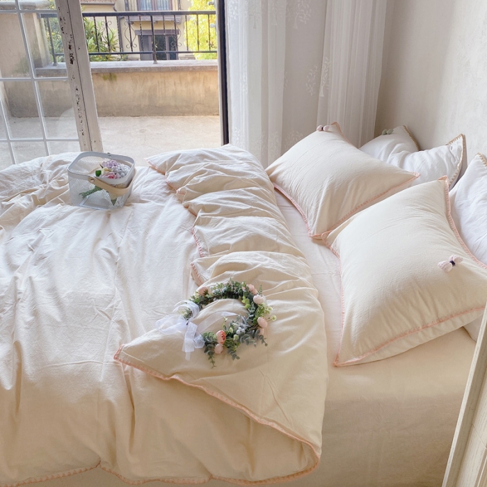 91家纺网 家纺一手货源 找家纺 玛奇朵21新款全棉色织水洗棉贝壳边四件套妮可系列妮可-米色