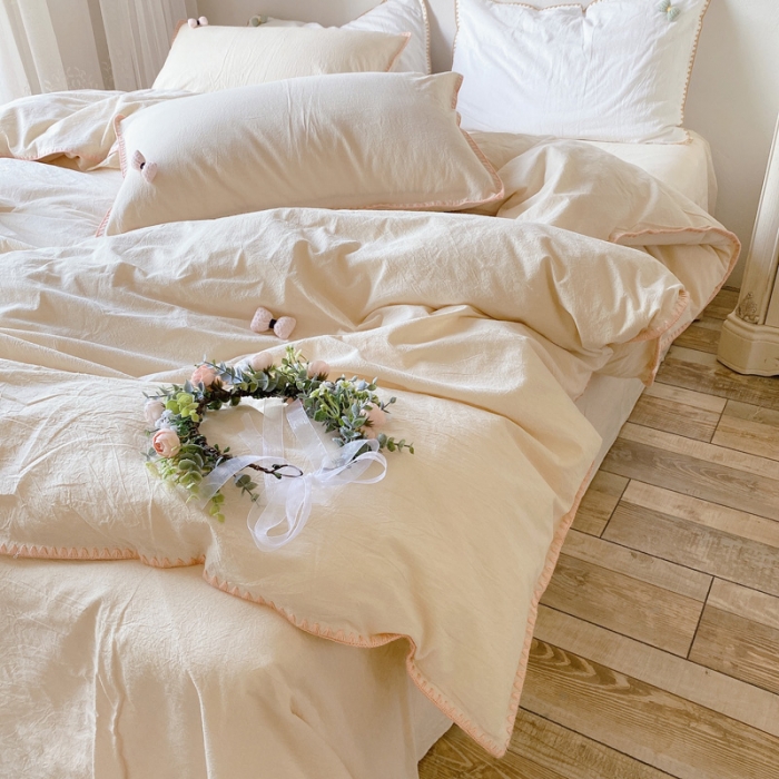 91家纺网 家纺一手货源 找家纺 玛奇朵21新款全棉色织水洗棉贝壳边四件套妮可系列妮可-米色