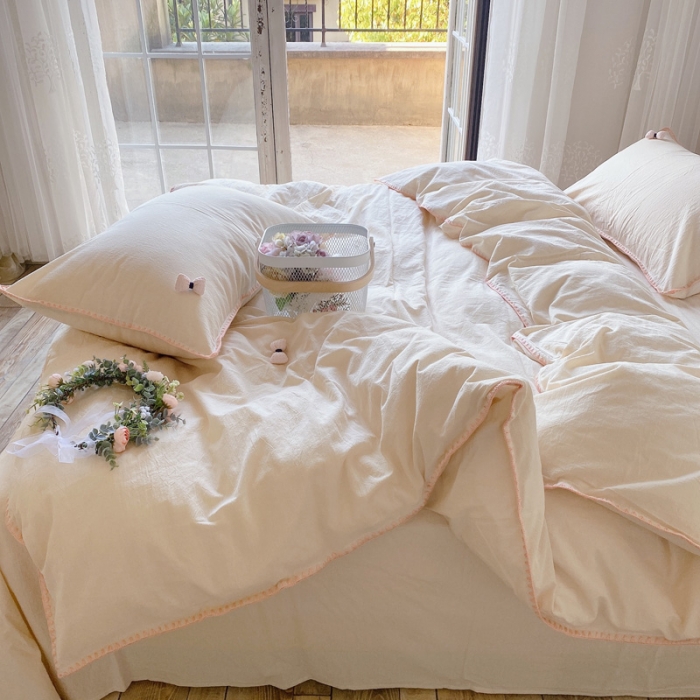 91家纺网 家纺一手货源 找家纺 玛奇朵21新款全棉色织水洗棉贝壳边四件套妮可系列妮可-米色