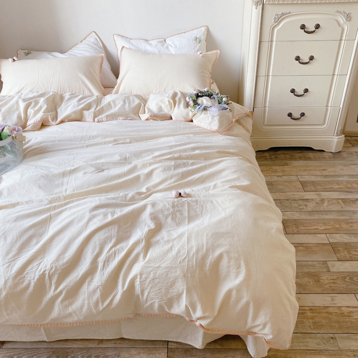 91家纺网 家纺一手货源 找家纺 玛奇朵21新款全棉色织水洗棉贝壳边四件套妮可系列妮可-米色