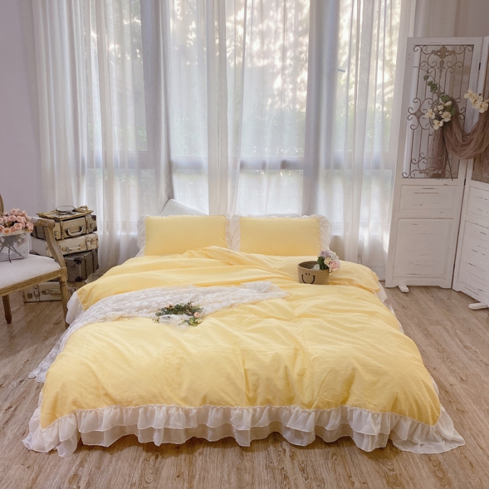 91家纺网 家纺一手货源 找家纺 玛奇朵 2021新款华夫格雪纺纱全棉色织提花四件套华夫格-黄