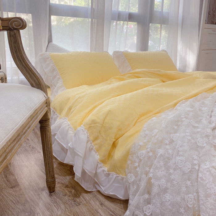 91家纺网 家纺一手货源 找家纺 玛奇朵 2021新款华夫格雪纺纱全棉色织提花四件套华夫格-黄