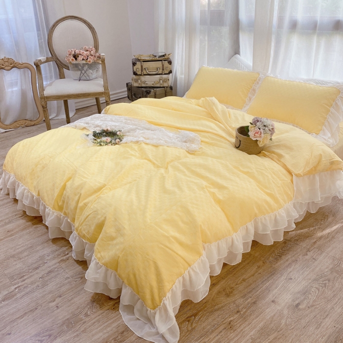 91家纺网 家纺一手货源 找家纺 玛奇朵 2021新款华夫格雪纺纱全棉色织提花四件套华夫格-黄