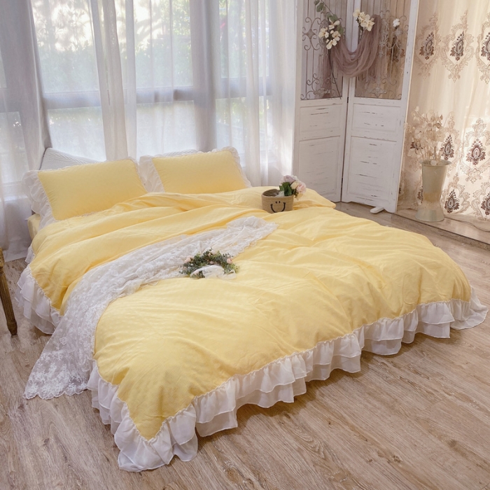 91家纺网 家纺一手货源 找家纺 玛奇朵 2021新款华夫格雪纺纱全棉色织提花四件套华夫格-黄