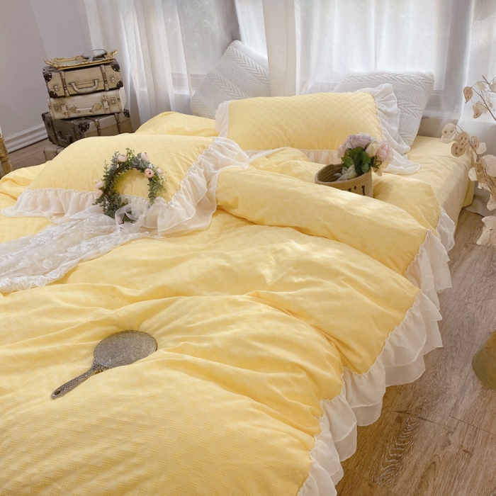 91家纺网 家纺一手货源 找家纺 玛奇朵 2021新款华夫格雪纺纱全棉色织提花四件套华夫格-黄