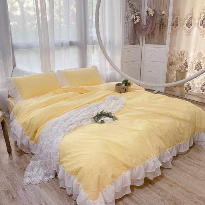 91家纺网 家纺一手货源 找家纺 玛奇朵 2021新款华夫格雪纺纱全棉色织提花四件套华夫格-黄