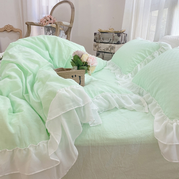 91家纺网 家纺一手货源 找家纺 玛奇朵 2021新款华夫格雪纺纱全棉色织提花四件套华夫格-绿