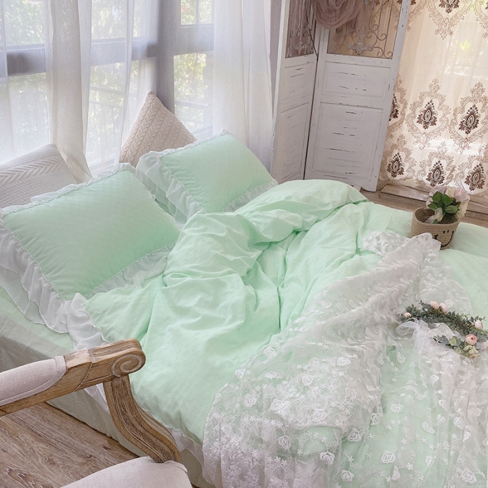 91家纺网 家纺一手货源 找家纺 玛奇朵 2021新款华夫格雪纺纱全棉色织提花四件套华夫格-绿