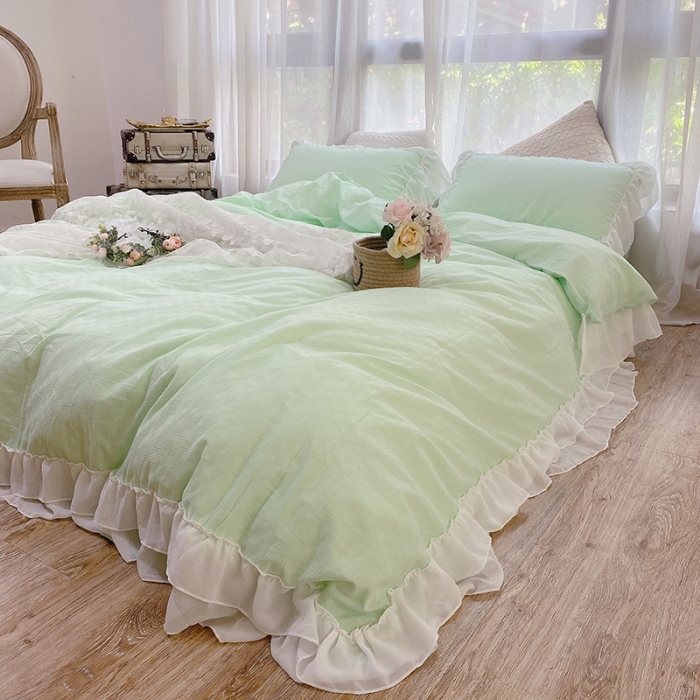 91家纺网 家纺一手货源 找家纺 玛奇朵 2021新款华夫格雪纺纱全棉色织提花四件套华夫格-绿