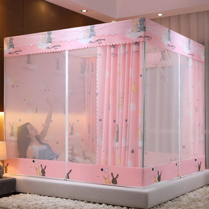 91家纺网 家纺一手货源 找家纺 千逸虹 2024新款坐床全底纱 遮光蚊帐 粉红兔