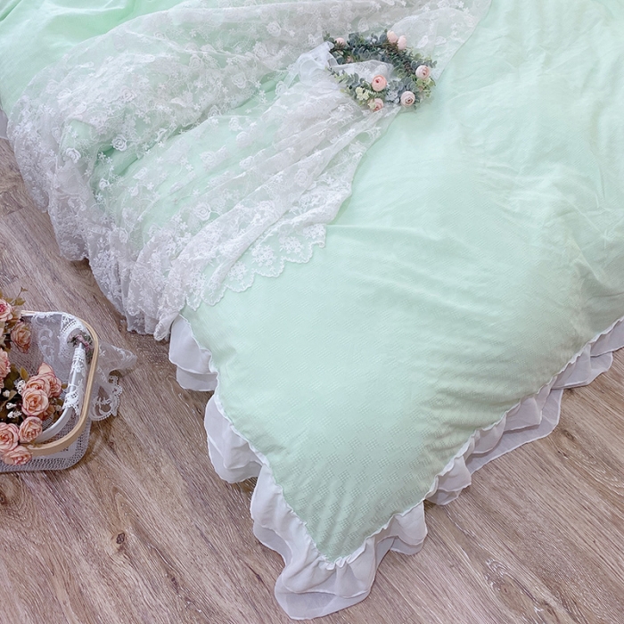 91家纺网 家纺一手货源 找家纺 玛奇朵 2021新款华夫格雪纺纱全棉色织提花四件套华夫格-绿