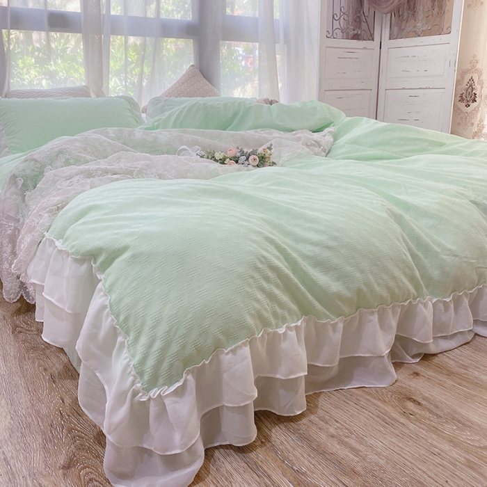 91家纺网 家纺一手货源 找家纺 玛奇朵 2021新款华夫格雪纺纱全棉色织提花四件套华夫格-绿