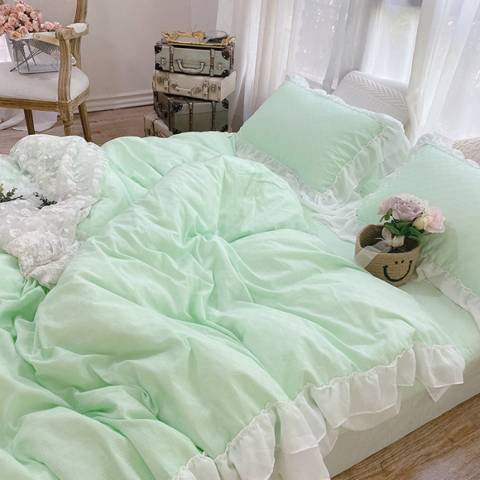 91家纺网 家纺一手货源 找家纺 玛奇朵 2021新款华夫格雪纺纱全棉色织提花四件套华夫格-绿