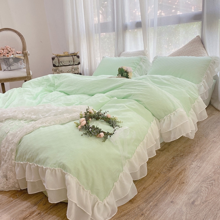 91家纺网 家纺一手货源 找家纺 玛奇朵 2021新款华夫格雪纺纱全棉色织提花四件套华夫格-绿