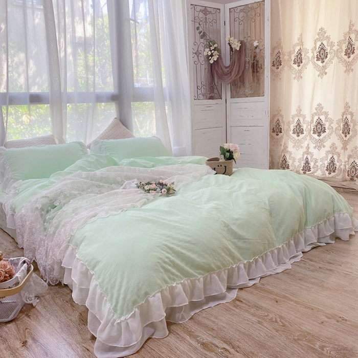 91家纺网 家纺一手货源 找家纺 玛奇朵 2021新款华夫格雪纺纱全棉色织提花四件套华夫格-绿