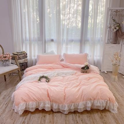 91家纺网 家纺一手货源 找家纺 玛奇朵2021新款华夫格雪纺纱全棉色织提花四件套华夫格-桃粉