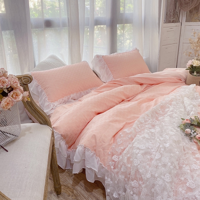 91家纺网 家纺一手货源 找家纺 玛奇朵2021新款华夫格雪纺纱全棉色织提花四件套华夫格-桃粉