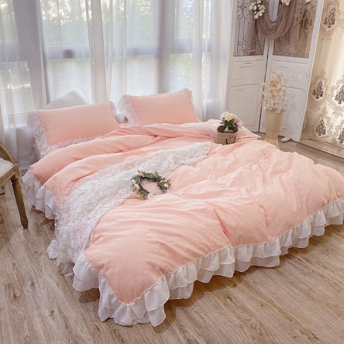 91家纺网 家纺一手货源 找家纺 玛奇朵2021新款华夫格雪纺纱全棉色织提花四件套华夫格-桃粉