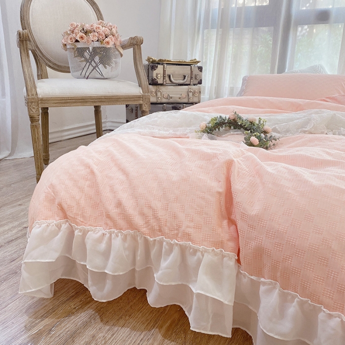 91家纺网 家纺一手货源 找家纺 玛奇朵2021新款华夫格雪纺纱全棉色织提花四件套华夫格-桃粉