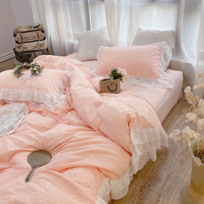 91家纺网 家纺一手货源 找家纺 玛奇朵2021新款华夫格雪纺纱全棉色织提花四件套华夫格-桃粉