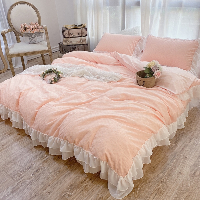 91家纺网 家纺一手货源 找家纺 玛奇朵2021新款华夫格雪纺纱全棉色织提花四件套华夫格-桃粉