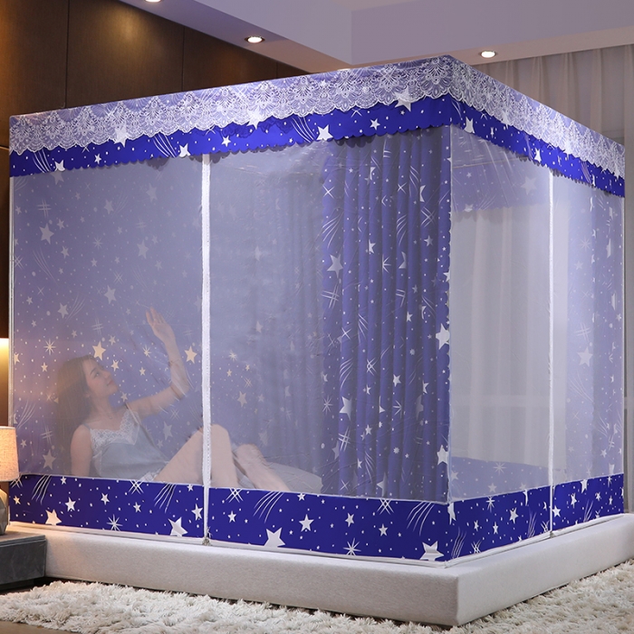 91家纺网 家纺一手货源 找家纺 千逸虹 2024新款坐床全底纱 遮光蚊帐 蓝色星空