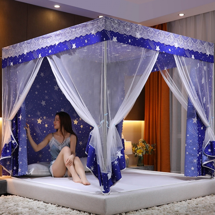 91家纺网 家纺一手货源 找家纺 千逸虹 2024新款坐床全底纱 遮光蚊帐 蓝色星空