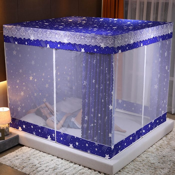 91家纺网 家纺一手货源 找家纺 千逸虹 2024新款坐床全底纱 遮光蚊帐 蓝色星空