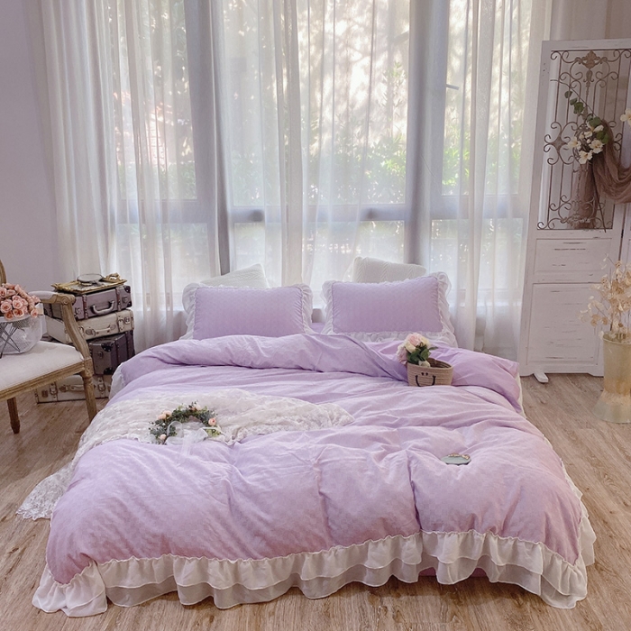 91家纺网 家纺一手货源 找家纺 玛奇朵 2021新款华夫格雪纺纱全棉色织提花四件套华夫格-紫