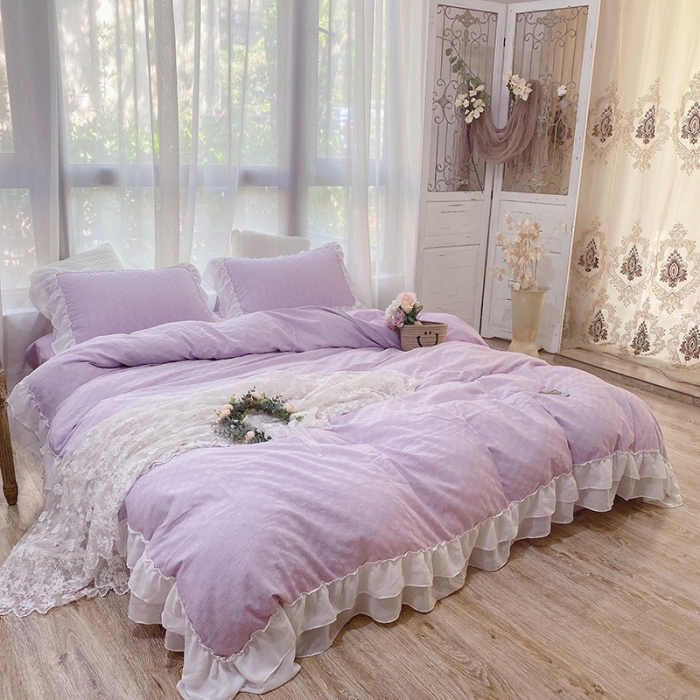 91家纺网 家纺一手货源 找家纺 玛奇朵 2021新款华夫格雪纺纱全棉色织提花四件套华夫格-紫