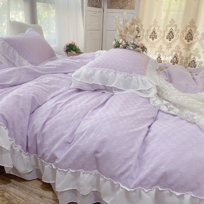 91家纺网 家纺一手货源 找家纺 玛奇朵 2021新款华夫格雪纺纱全棉色织提花四件套华夫格-紫