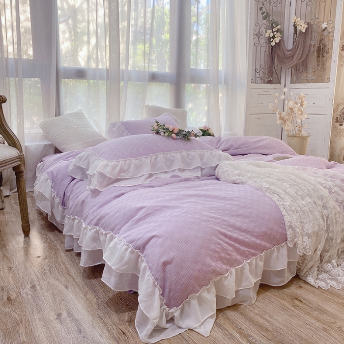 91家纺网 家纺一手货源 找家纺 玛奇朵 2021新款华夫格雪纺纱全棉色织提花四件套华夫格-紫