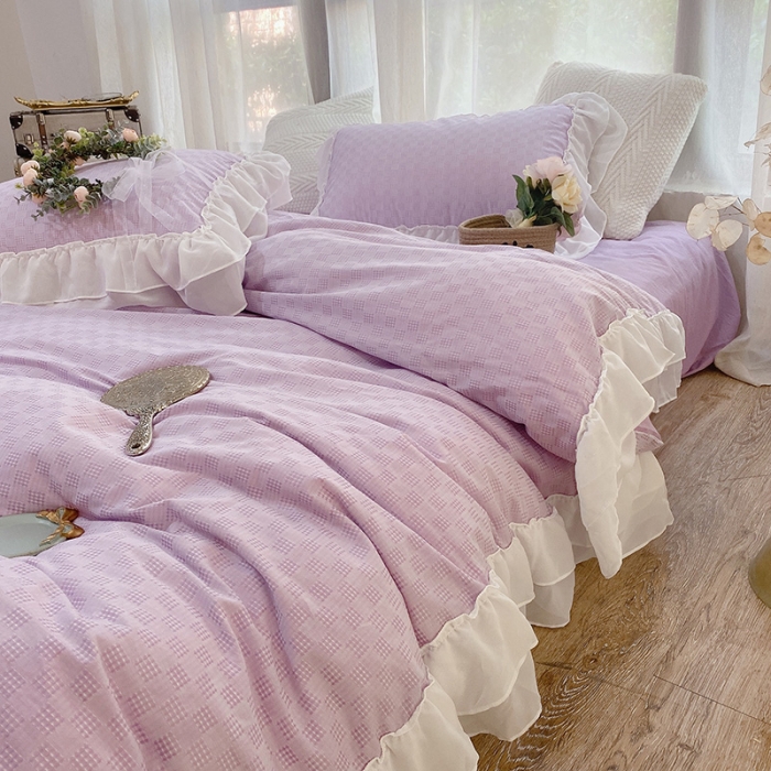 91家纺网 家纺一手货源 找家纺 玛奇朵 2021新款华夫格雪纺纱全棉色织提花四件套华夫格-紫