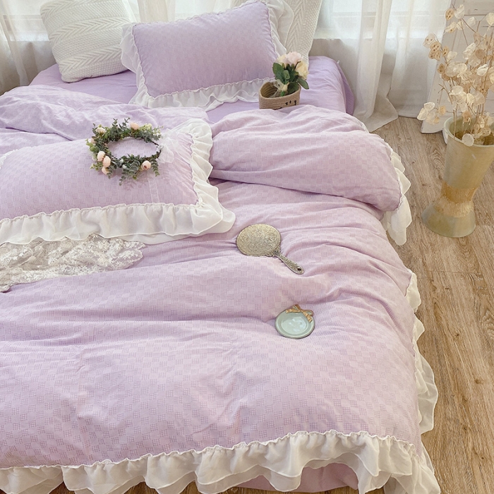 91家纺网 家纺一手货源 找家纺 玛奇朵 2021新款华夫格雪纺纱全棉色织提花四件套华夫格-紫