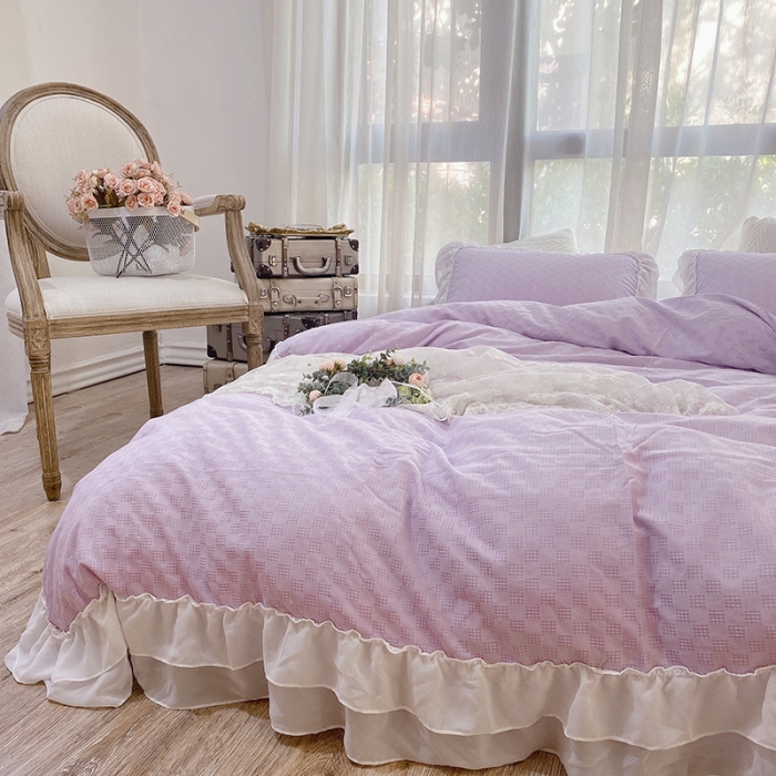 91家纺网 家纺一手货源 找家纺 玛奇朵 2021新款华夫格雪纺纱全棉色织提花四件套华夫格-紫