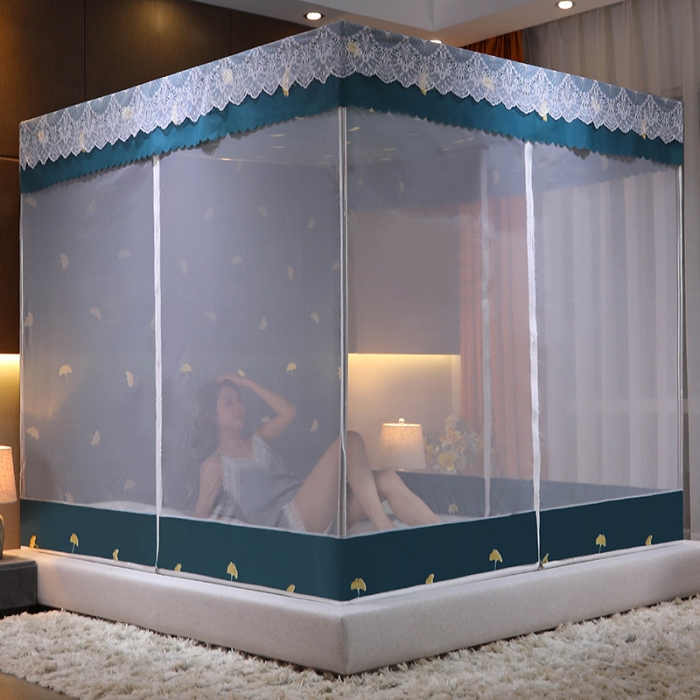 91家纺网 家纺一手货源 找家纺 千逸虹 2024新款坐床全底纱 遮光蚊帐 银杏绿